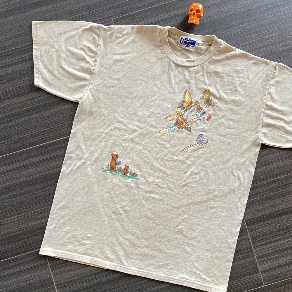 90s teddy bear butterfly art shirt sz L
